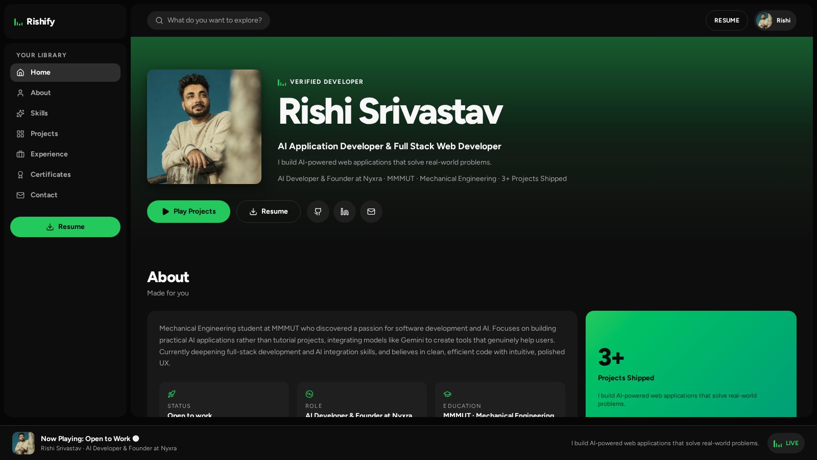 Rishi Resume — live project screenshot